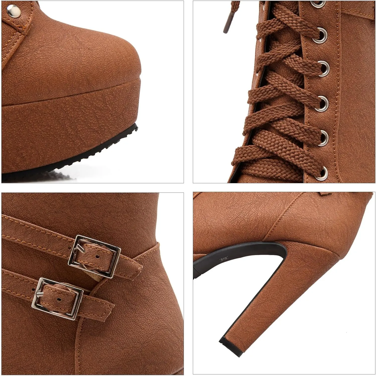 Womens Platform Lace Up Biker Boots Chunky High Heel Booties Buckle