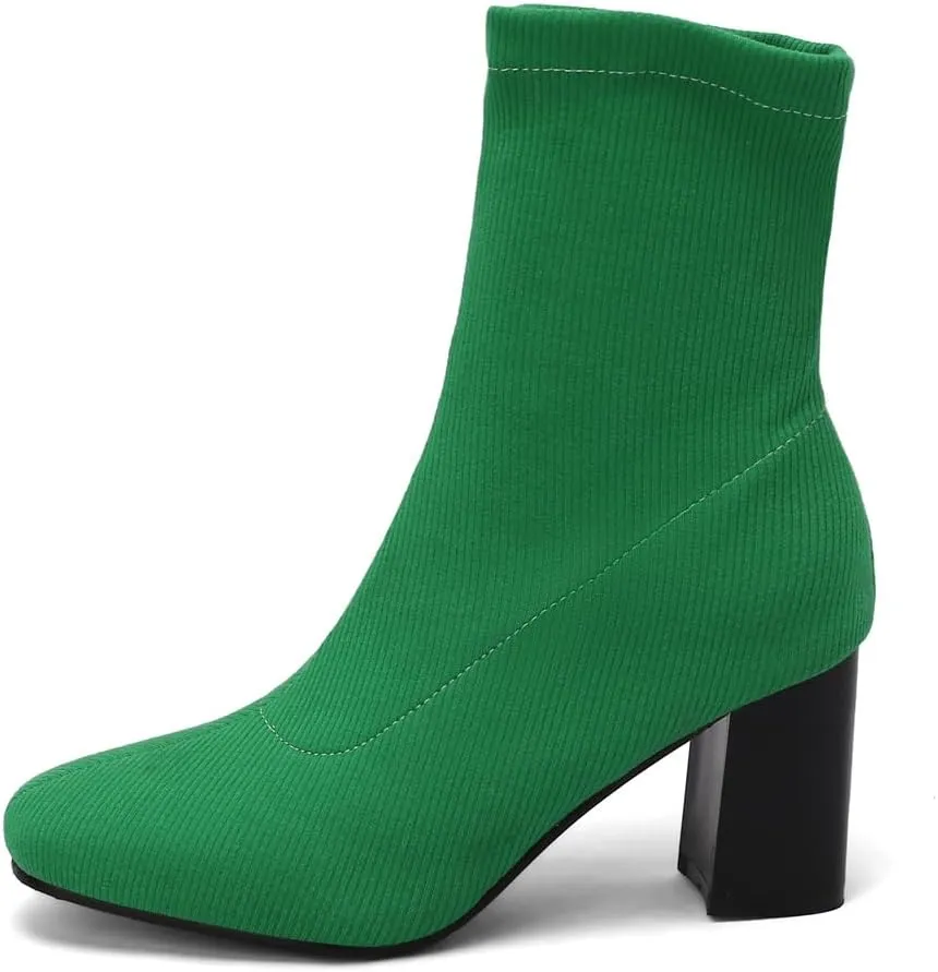Women's Retro Dressy Stretch Fabric Ankle Boots Square Toe Florals Chunky Mid Heel Dressy Short Booties