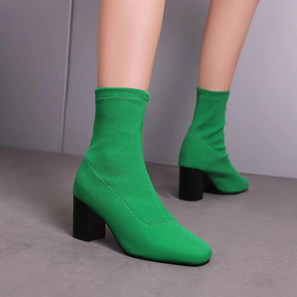 Women's Retro Dressy Stretch Fabric Ankle Boots Square Toe Florals Chunky Mid Heel Dressy Short Booties