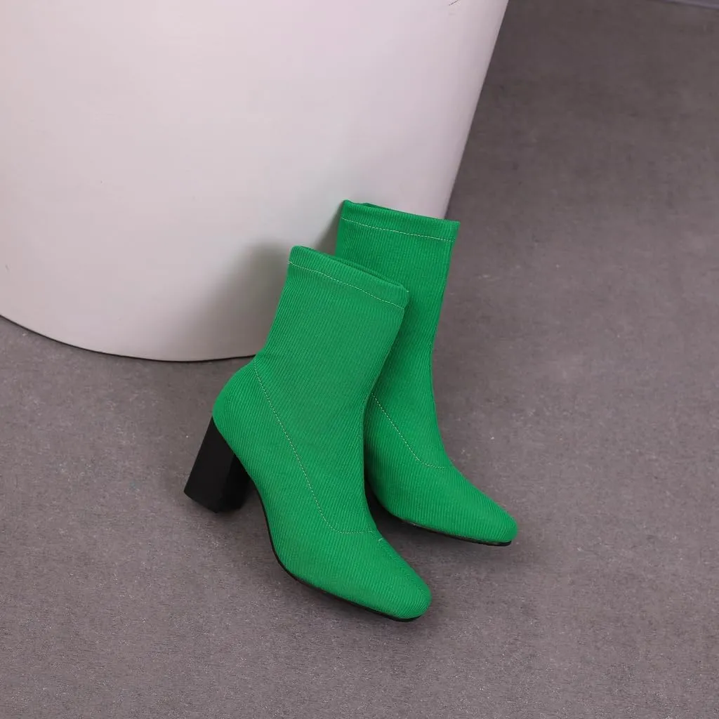 Women's Retro Dressy Stretch Fabric Ankle Boots Square Toe Florals Chunky Mid Heel Dressy Short Booties