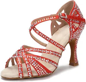 Women's Rhinestone Ballroom Dance Shoes - Satin Wedding Sandals, 10CM/3.9Inch Heel Height