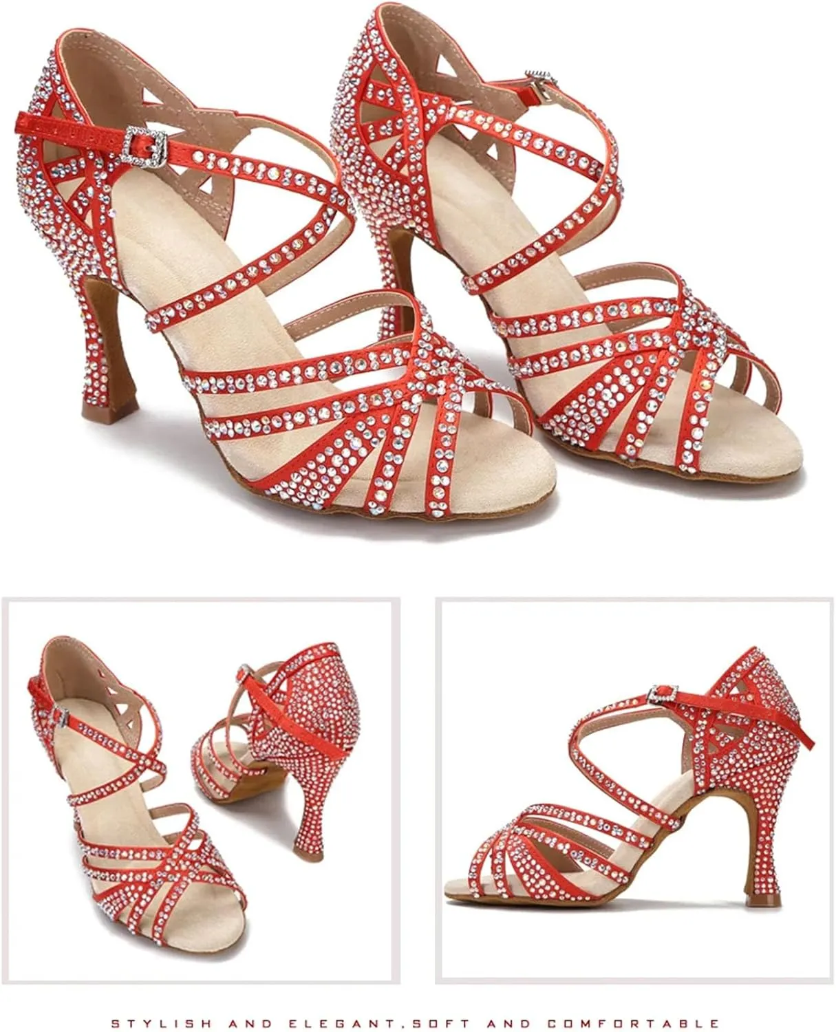 Women's Rhinestone Ballroom Dance Shoes - Satin Wedding Sandals, 10CM/3.9Inch Heel Height