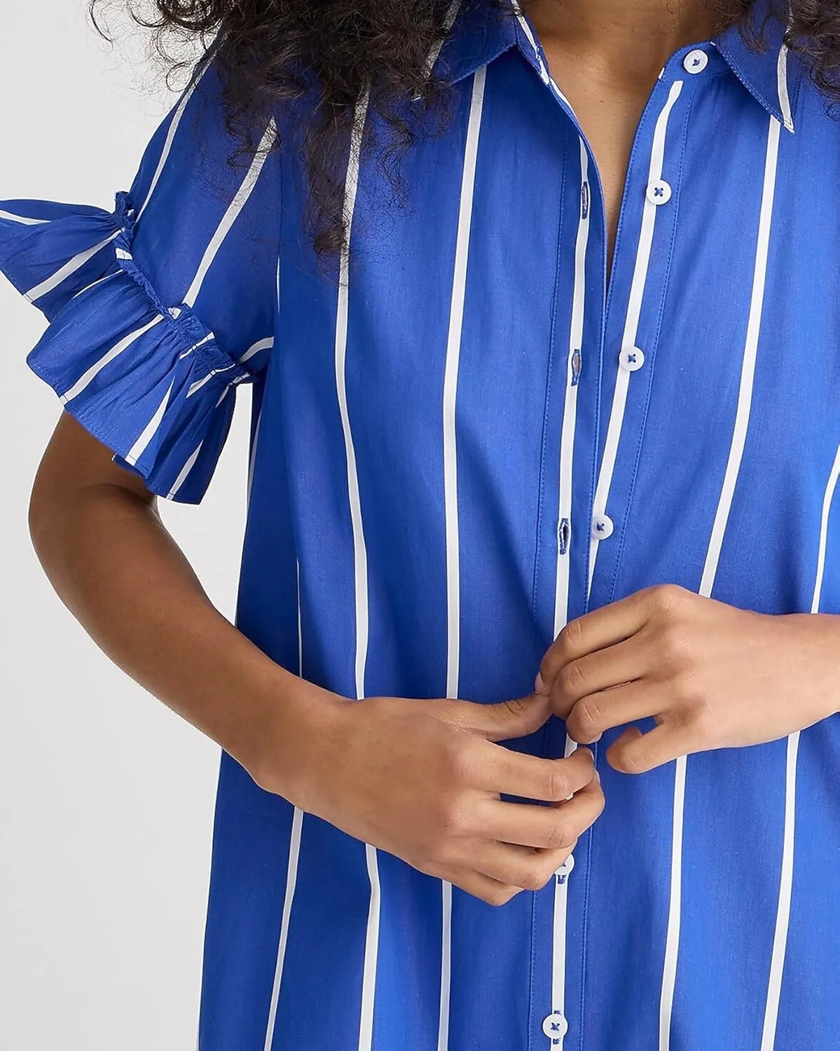 Women's Ruffle Short Sleeve Button Up Mini Dress Cotton Drop Waist Tunic Shirt Dress