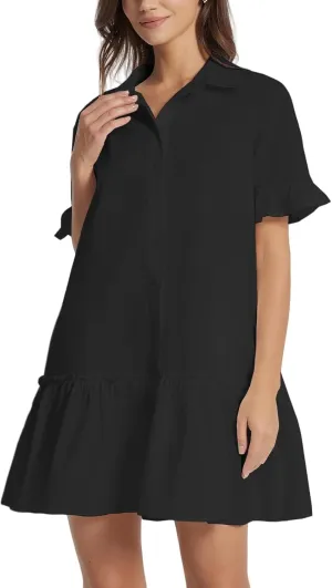 Women's Ruffle Short Sleeve Button Up Mini Dress Cotton Drop Waist Tunic Shirt Dress