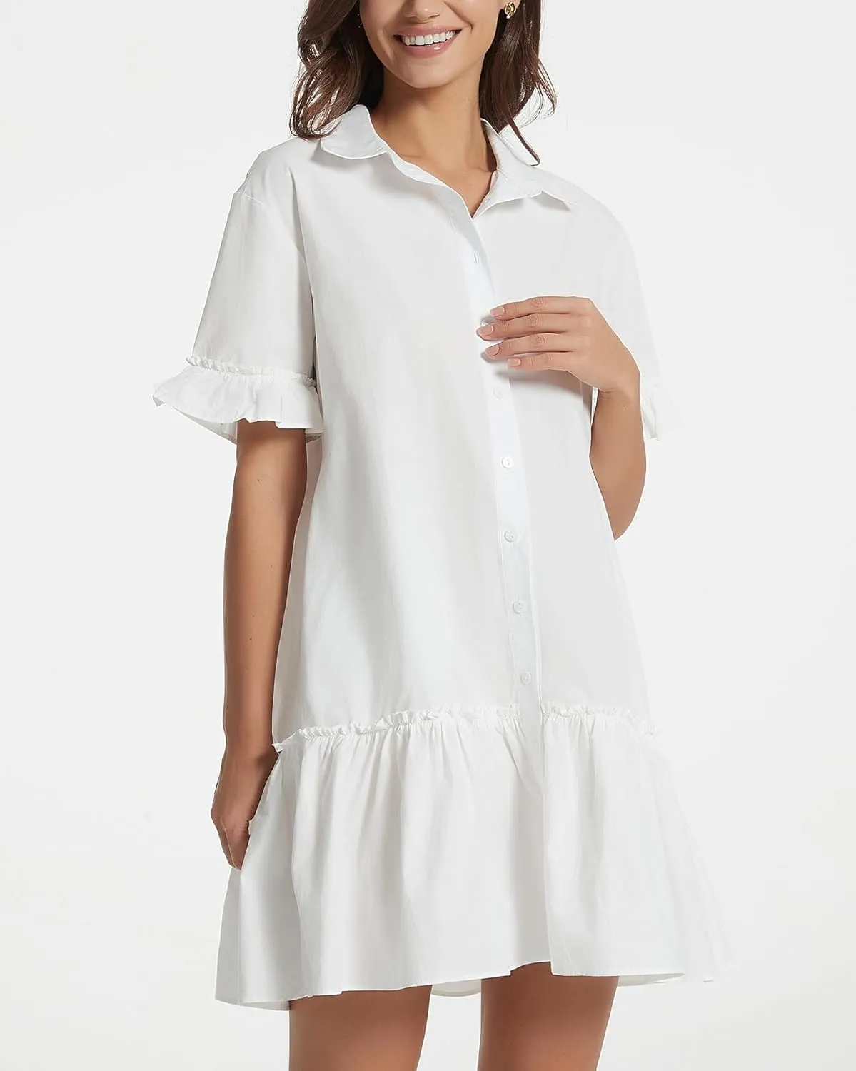 Women's Ruffle Short Sleeve Button Up Mini Dress Cotton Drop Waist Tunic Shirt Dress