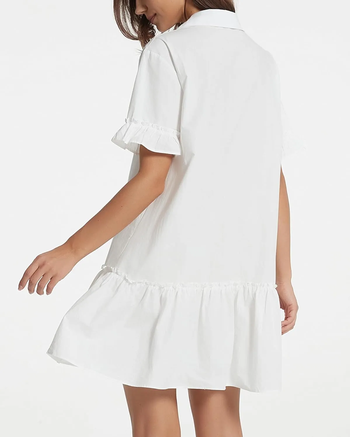 Women's Ruffle Short Sleeve Button Up Mini Dress Cotton Drop Waist Tunic Shirt Dress