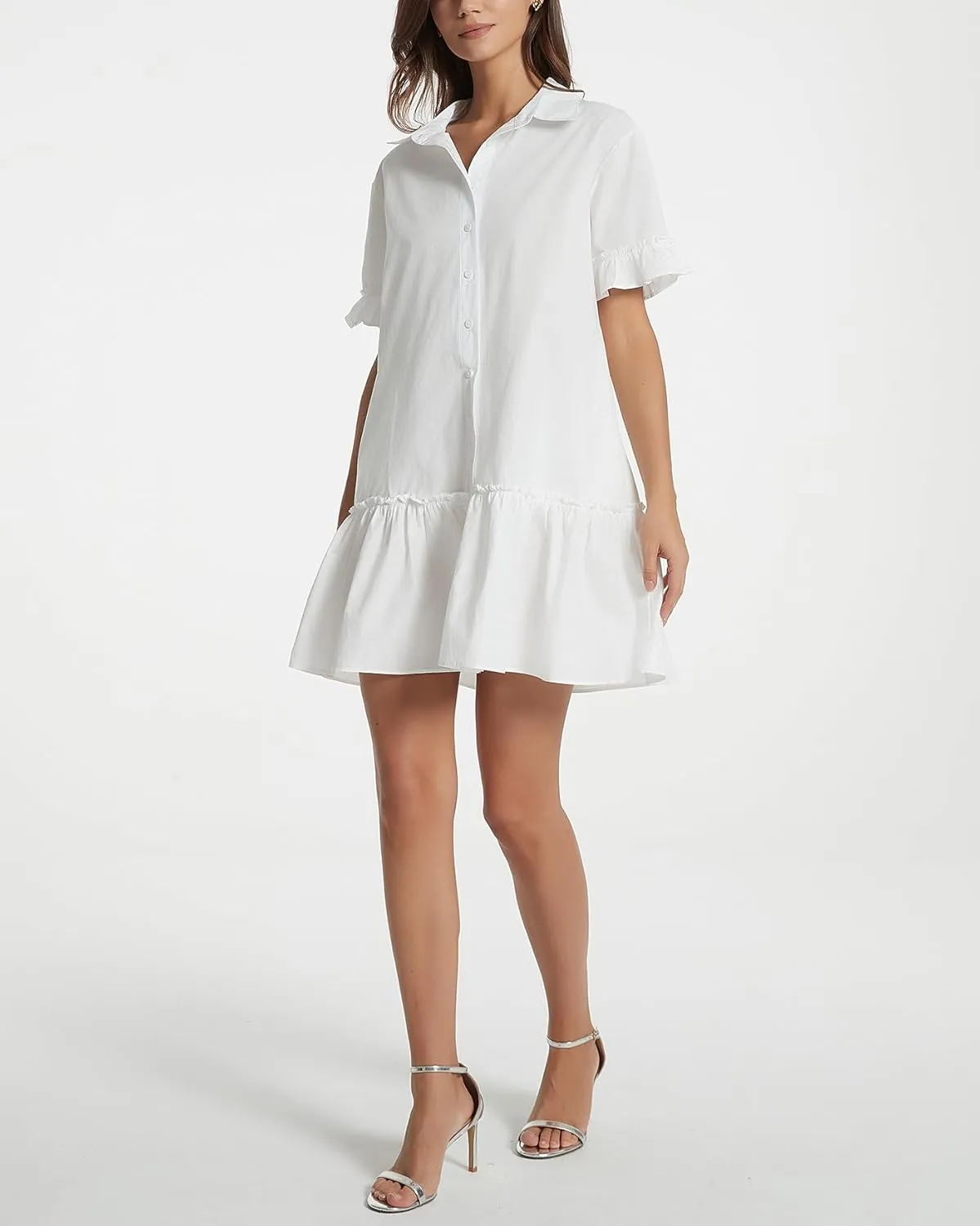 Women's Ruffle Short Sleeve Button Up Mini Dress Cotton Drop Waist Tunic Shirt Dress