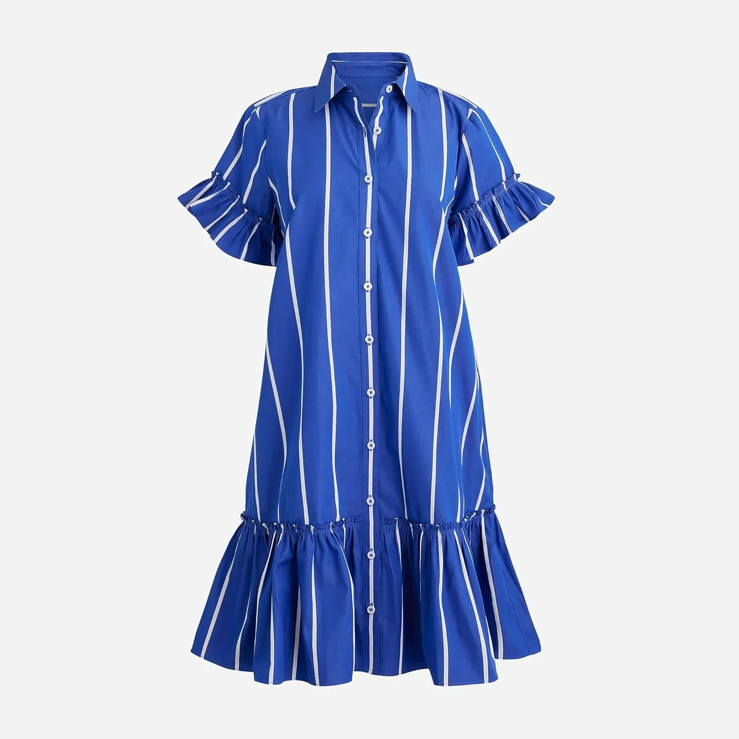 Women's Ruffle Short Sleeve Button Up Mini Dress Cotton Drop Waist Tunic Shirt Dress