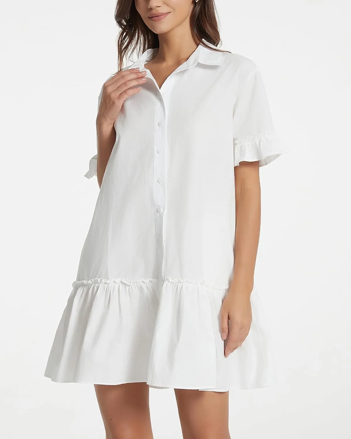 Women's Ruffle Short Sleeve Button Up Mini Dress Cotton Drop Waist Tunic Shirt Dress