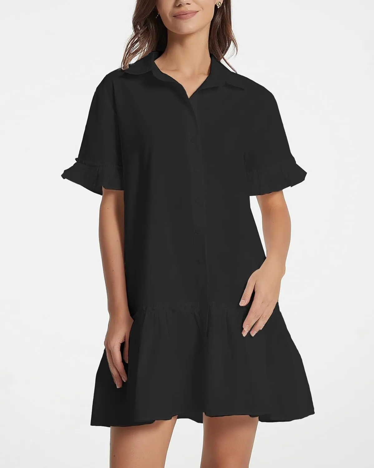 Women's Ruffle Short Sleeve Button Up Mini Dress Cotton Drop Waist Tunic Shirt Dress