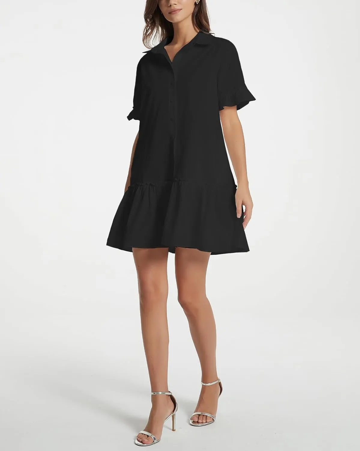 Women's Ruffle Short Sleeve Button Up Mini Dress Cotton Drop Waist Tunic Shirt Dress