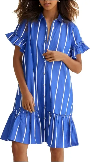 Women's Ruffle Short Sleeve Button Up Mini Dress Cotton Drop Waist Tunic Shirt Dress
