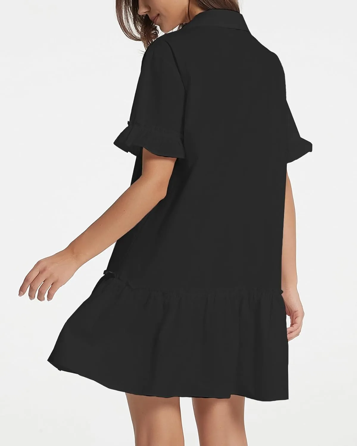 Women's Ruffle Short Sleeve Button Up Mini Dress Cotton Drop Waist Tunic Shirt Dress