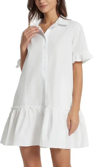 Women's Ruffle Short Sleeve Button Up Mini Dress Cotton Drop Waist Tunic Shirt Dress