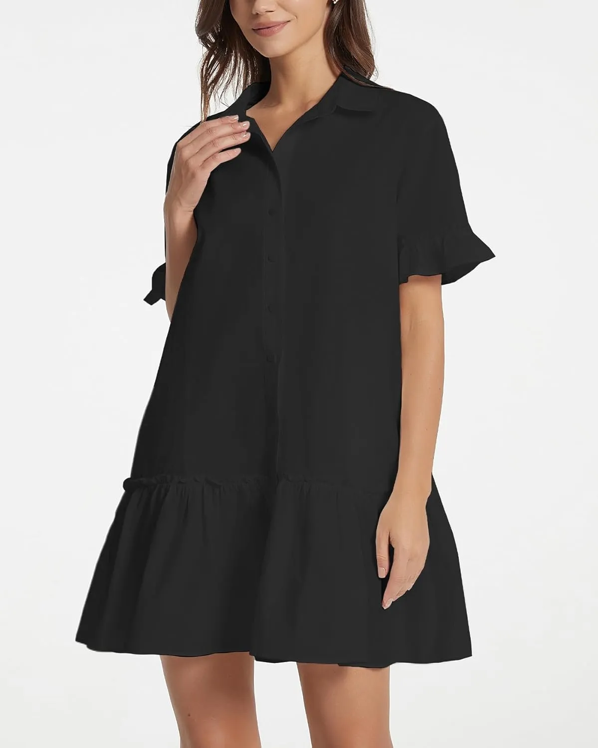 Women's Ruffle Short Sleeve Button Up Mini Dress Cotton Drop Waist Tunic Shirt Dress