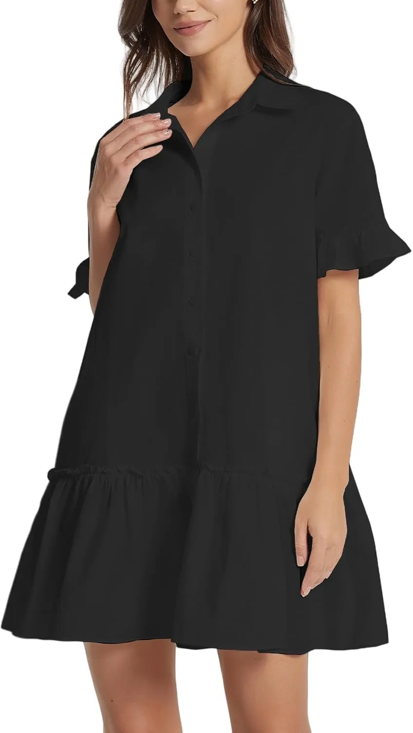 Women's Ruffle Short Sleeve Button Up Mini Dress Cotton Drop Waist Tunic Shirt Dress