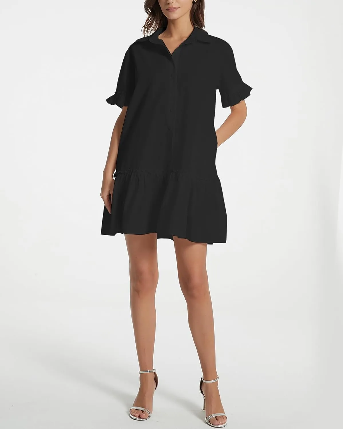Women's Ruffle Short Sleeve Button Up Mini Dress Cotton Drop Waist Tunic Shirt Dress