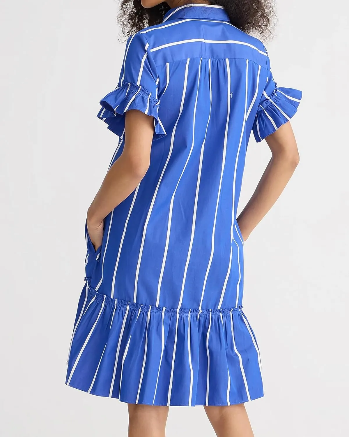 Women's Ruffle Short Sleeve Button Up Mini Dress Cotton Drop Waist Tunic Shirt Dress