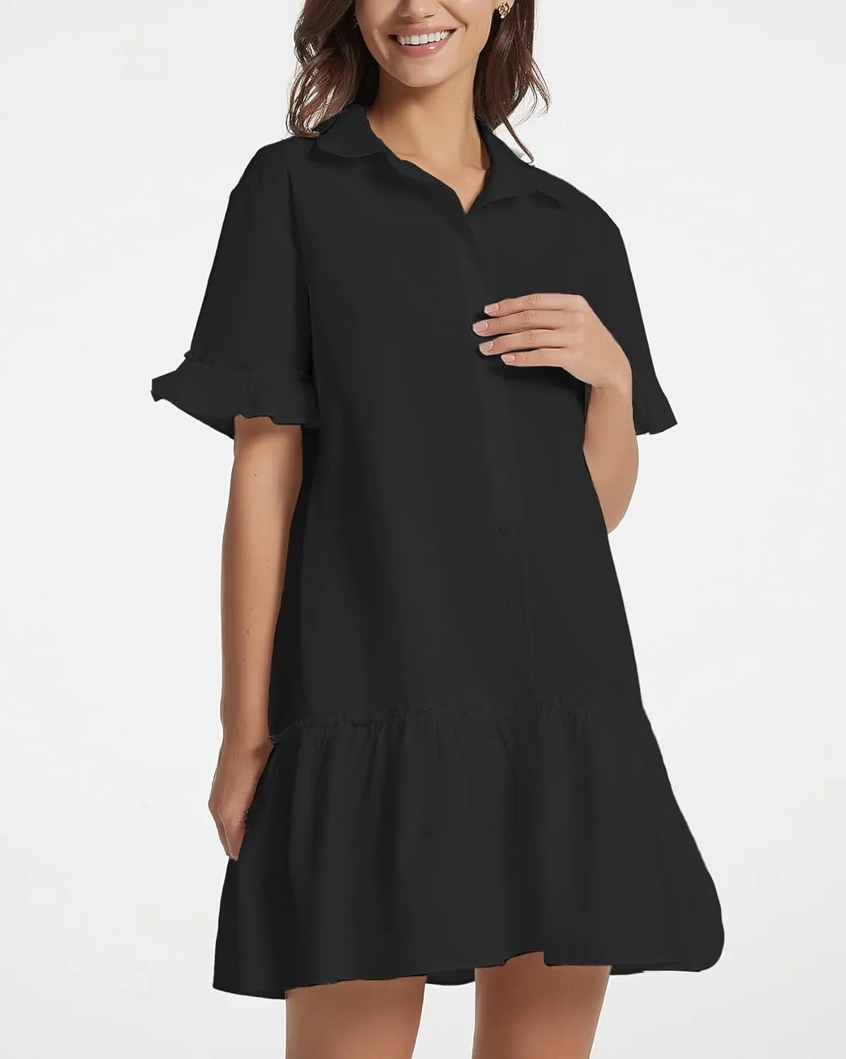Women's Ruffle Short Sleeve Button Up Mini Dress Cotton Drop Waist Tunic Shirt Dress