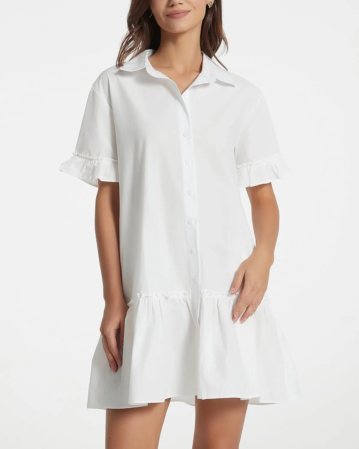 Women's Ruffle Short Sleeve Button Up Mini Dress Cotton Drop Waist Tunic Shirt Dress