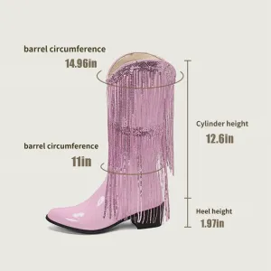 Women's Sequin Knee High Boots Glitter Fringe Boots For Women Metallic Cowboy Boots Pointed Toe Chunky