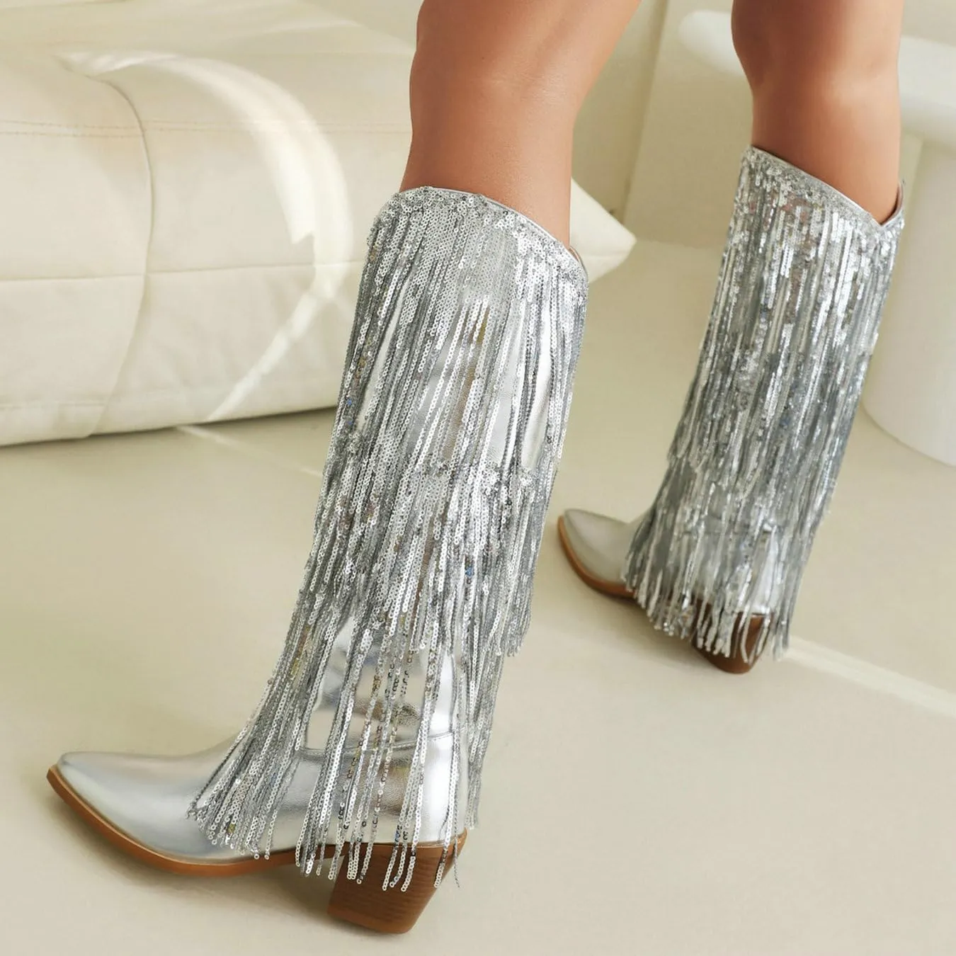 Women's Sequin Knee High Cowboy Boots Sparkly Metallic Fringed Cowgirl Boots Chunky Mid Heel Fashion Dress Booties Pull on