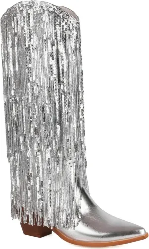 Women's Sequin Knee High Cowboy Boots Sparkly Metallic Fringed Cowgirl Boots Chunky Mid Heel Fashion Dress Booties Pull on
