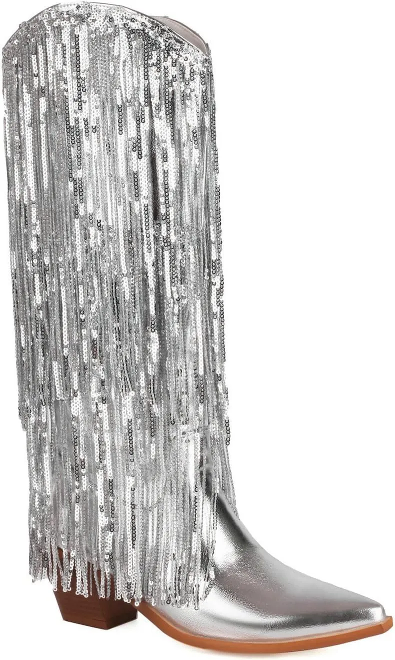 Women's Sequin Knee High Cowboy Boots Sparkly Metallic Fringed Cowgirl Boots Chunky Mid Heel Fashion Dress Booties Pull on