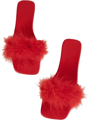 Women's Sexy Flat Sandals Fuzzy Feather Dressy Flat Sandals Slip On Square Slipper Open Toe Fuzzy Slides Slippers