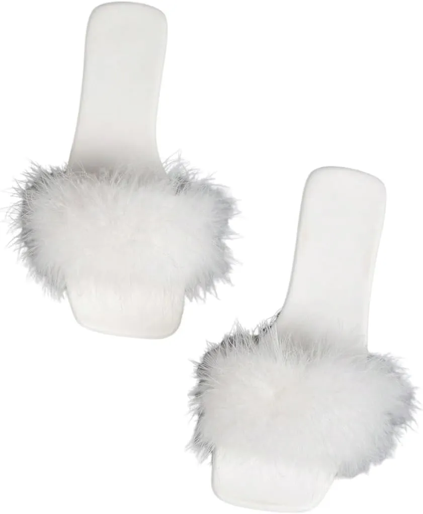 Women's Sexy Flat Sandals Fuzzy Feather Dressy Flat Sandals Slip On Square Slipper Open Toe Fuzzy Slides Slippers