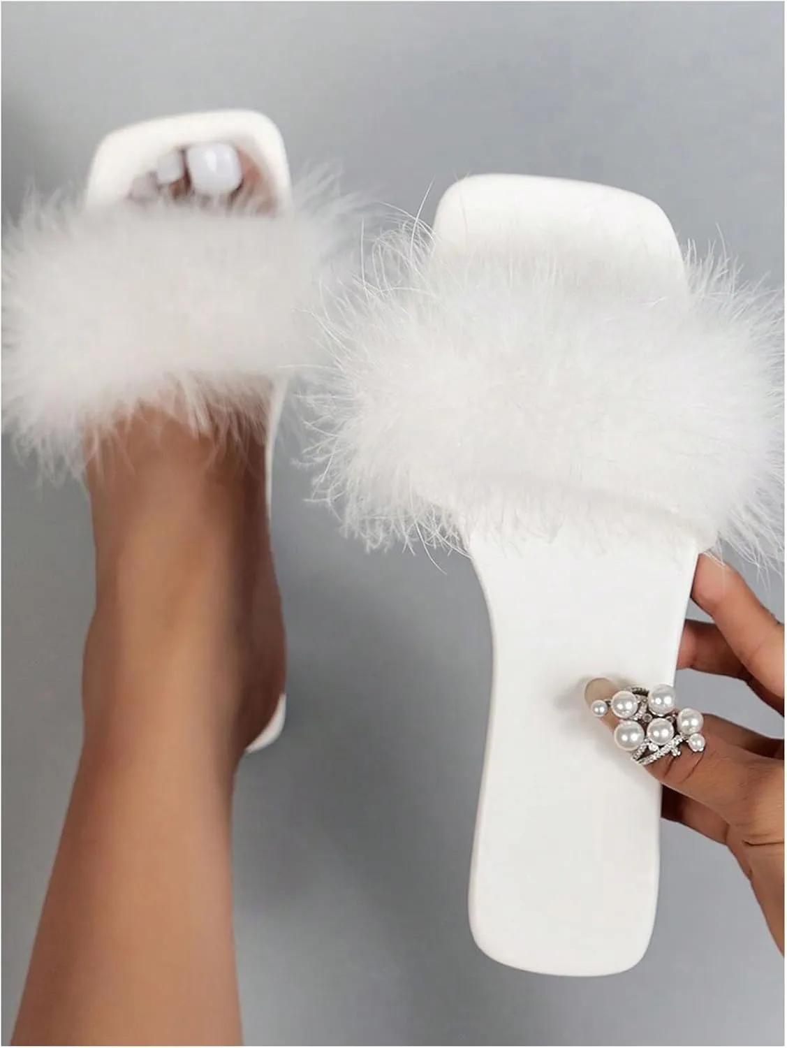 Women's Sexy Flat Sandals Fuzzy Feather Dressy Flat Sandals Slip On Square Slipper Open Toe Fuzzy Slides Slippers
