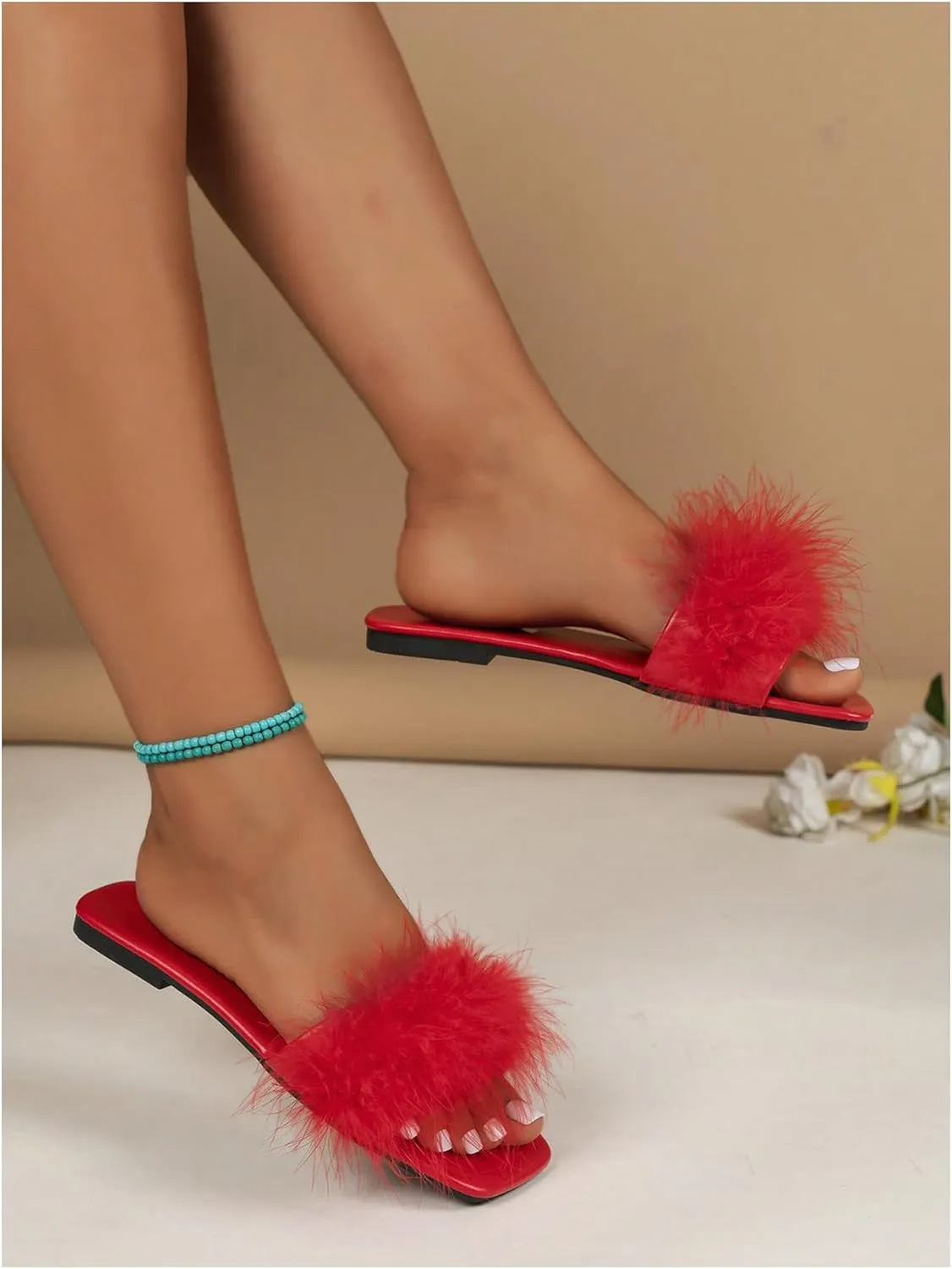 Women's Sexy Flat Sandals Fuzzy Feather Dressy Flat Sandals Slip On Square Slipper Open Toe Fuzzy Slides Slippers