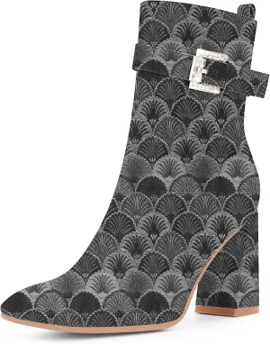 Women's Sexy Rhinestone High Heel Square Toe Ankle Boots Buckle Strap Dress Booties