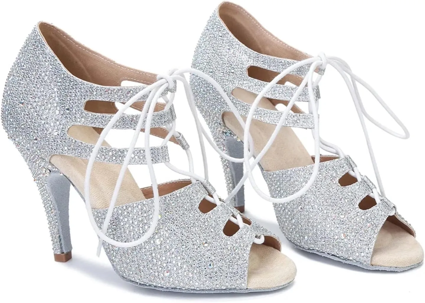 Women's Skin Satin Latin Dance Shoes - Shining Rhinestone Narrow Foot Sandals, 10CM/3.9Inch Heel Height