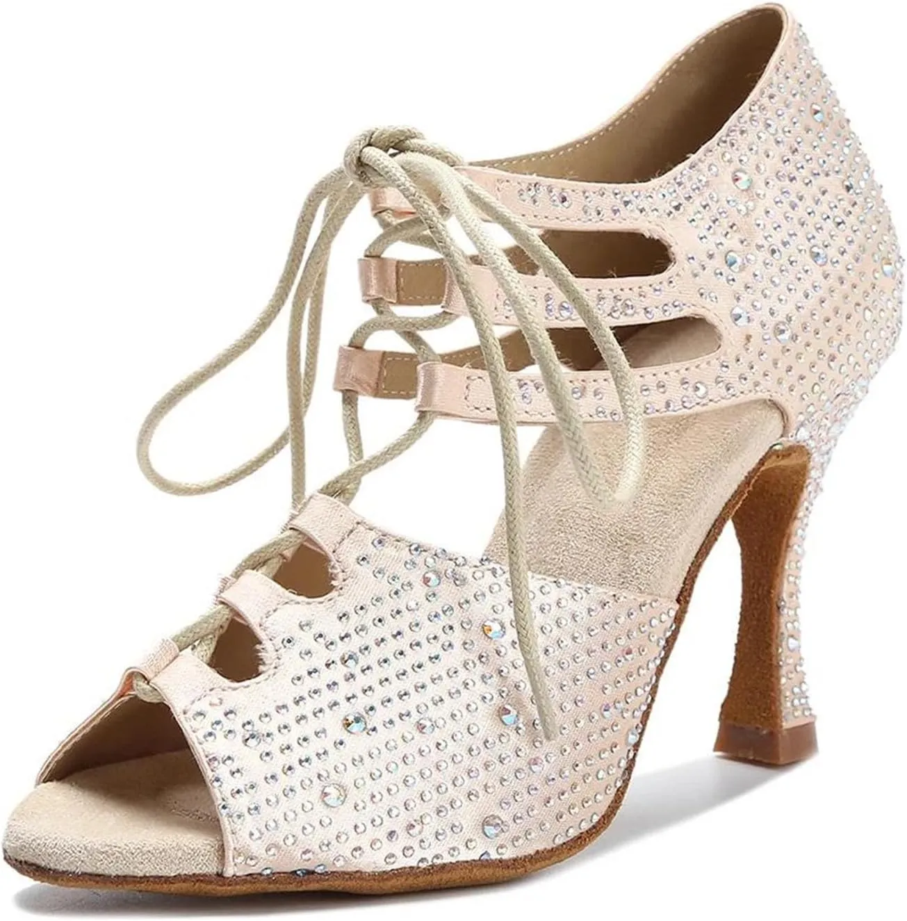 Women's Skin Satin Latin Dance Shoes - Shining Rhinestone Narrow Foot Sandals, 10CM/3.9Inch Heel Height