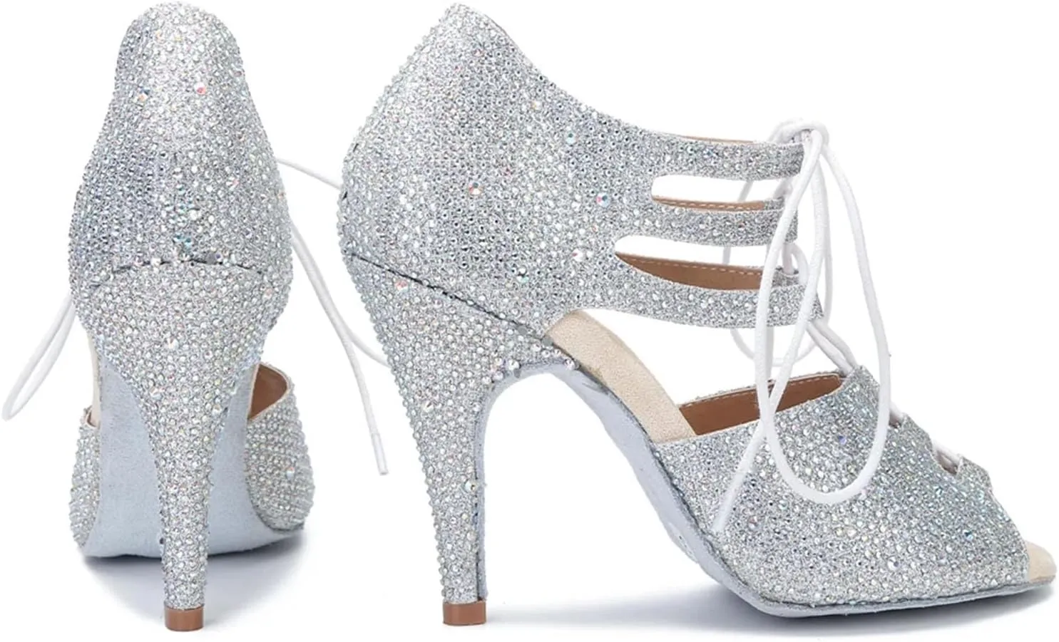 Women's Skin Satin Latin Dance Shoes - Shining Rhinestone Narrow Foot Sandals, 10CM/3.9Inch Heel Height