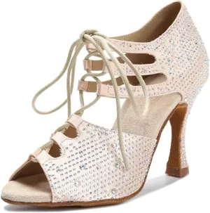 Women's Skin Satin Latin Dance Shoes - Shining Rhinestone Narrow Foot Sandals, 10CM/3.9Inch Heel Height