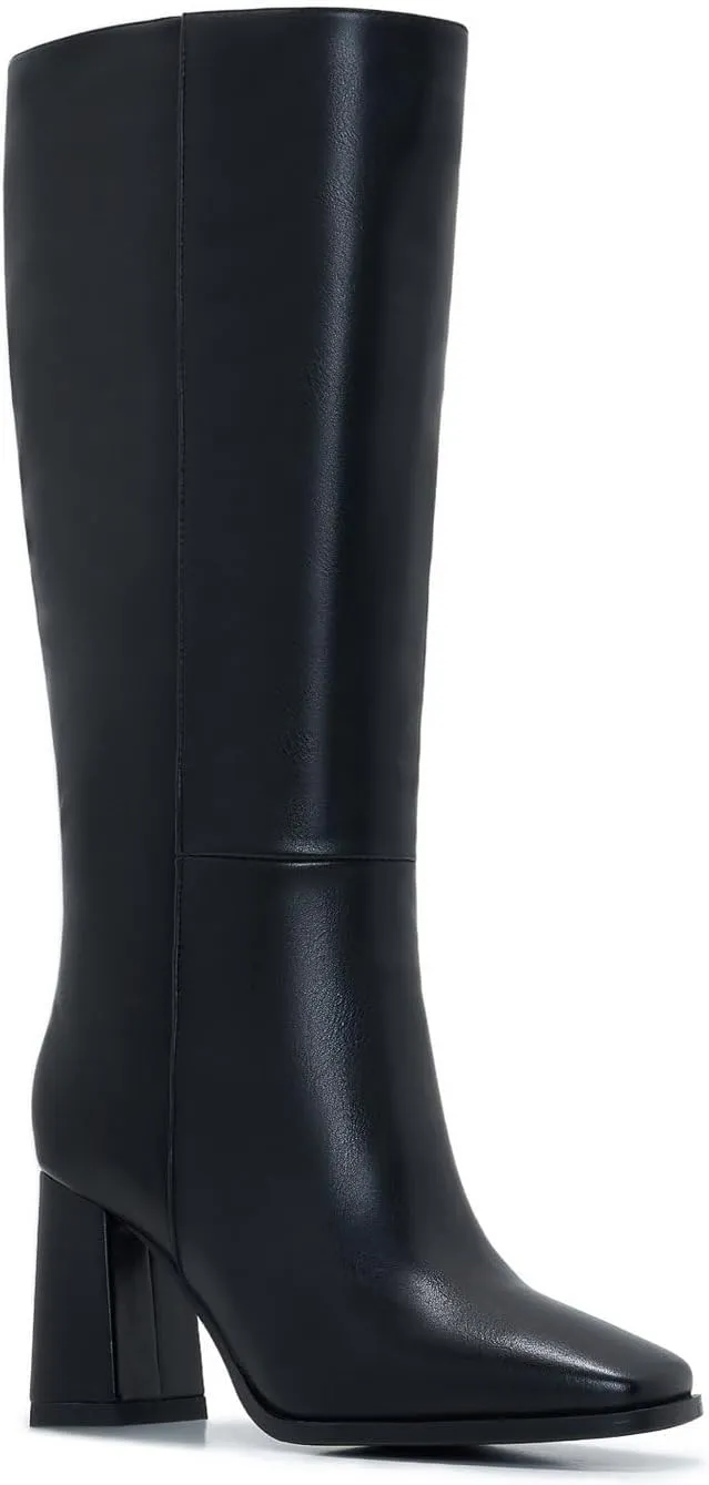 Women's Slim Calf Knee High Boots – Square Toe Block Heel Dress Boots, Side Zip Faux Leather Tall Boots for Narrow Calves, Fall & Winter Fashion