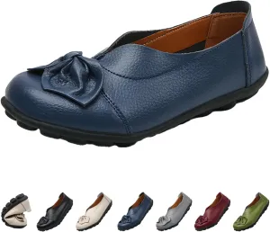 Women's Slip On Leather Loafers,Vintage Cute Handmade Bow Comfy Non-Slip Softsole Walking Casual Moccasins Dress Pumps