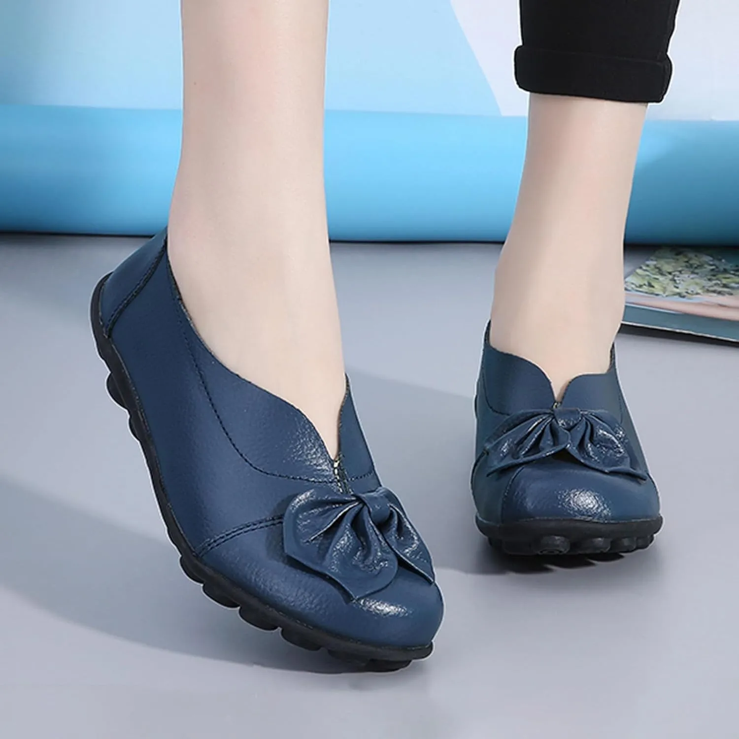 Women's Slip On Leather Loafers,Vintage Cute Handmade Bow Comfy Non-Slip Softsole Walking Casual Moccasins Dress Pumps