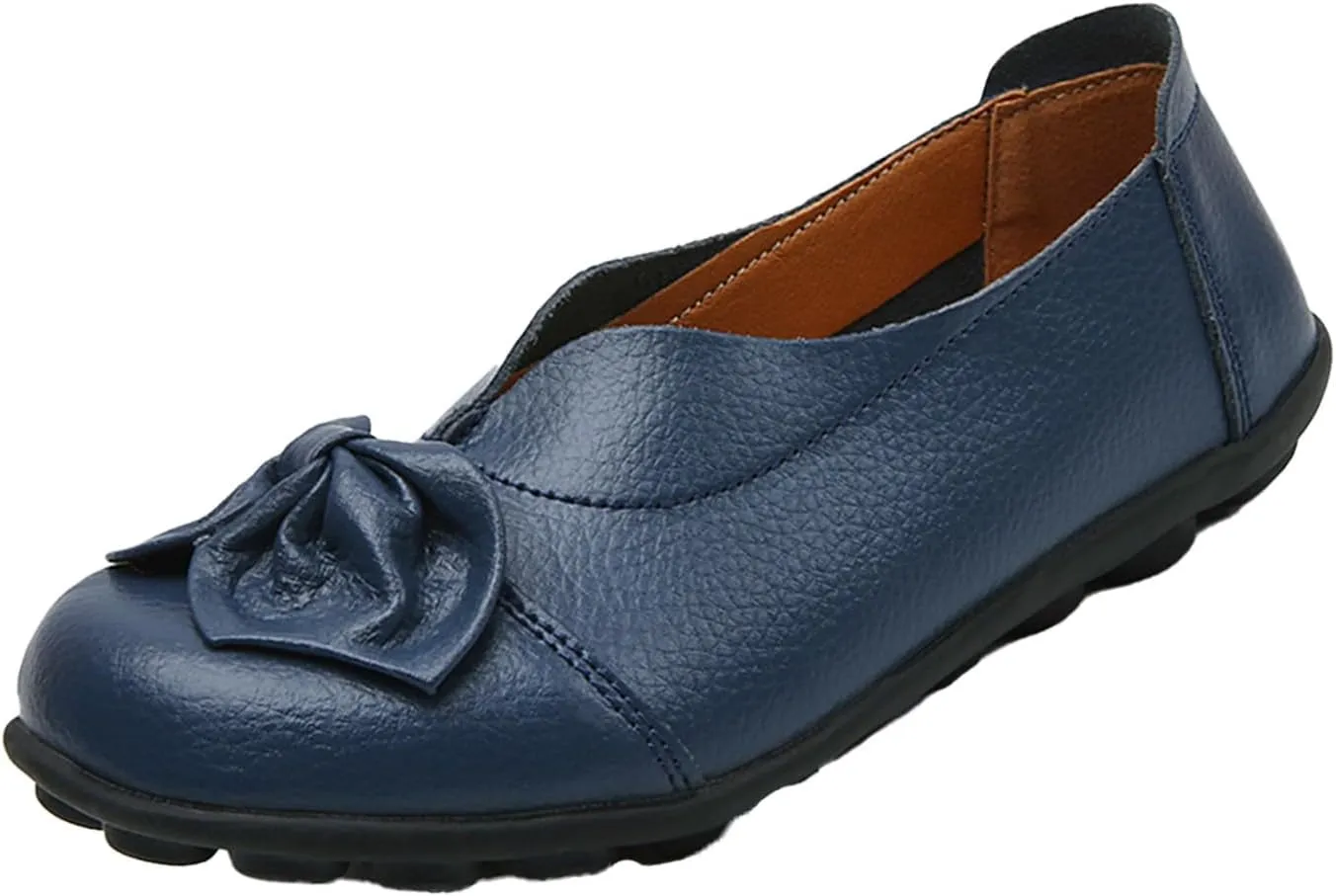 Women's Slip On Leather Loafers,Vintage Cute Handmade Bow Comfy Non-Slip Softsole Walking Casual Moccasins Dress Pumps