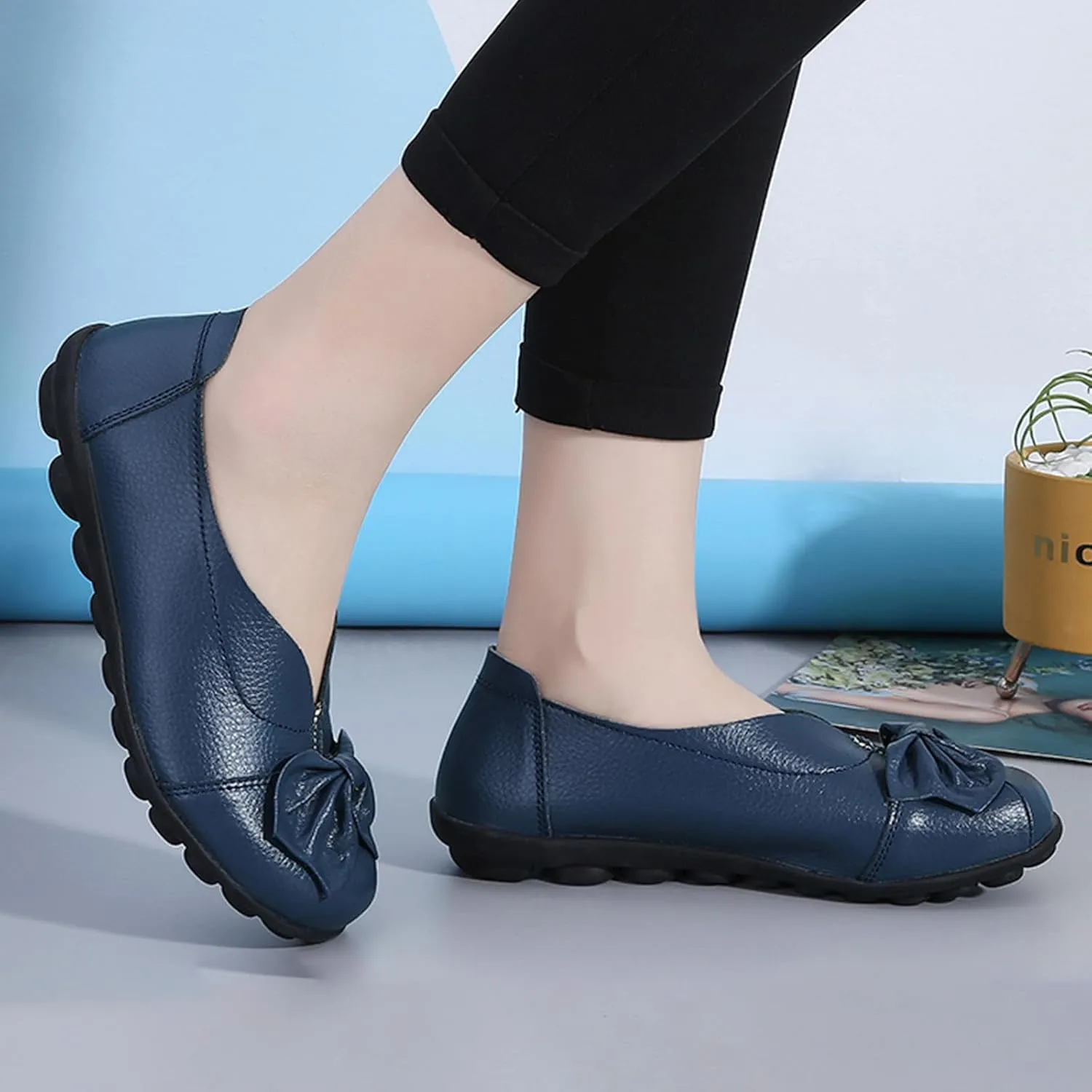Women's Slip On Leather Loafers,Vintage Cute Handmade Bow Comfy Non-Slip Softsole Walking Casual Moccasins Dress Pumps