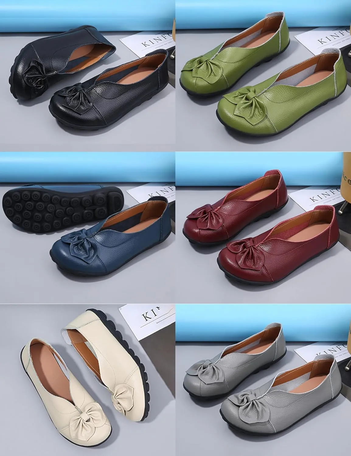 Women's Slip On Leather Loafers,Vintage Cute Handmade Bow Comfy Non-Slip Softsole Walking Casual Moccasins Dress Pumps