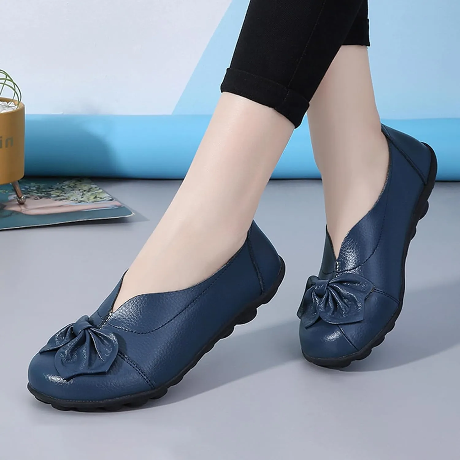 Women's Slip On Leather Loafers,Vintage Cute Handmade Bow Comfy Non-Slip Softsole Walking Casual Moccasins Dress Pumps