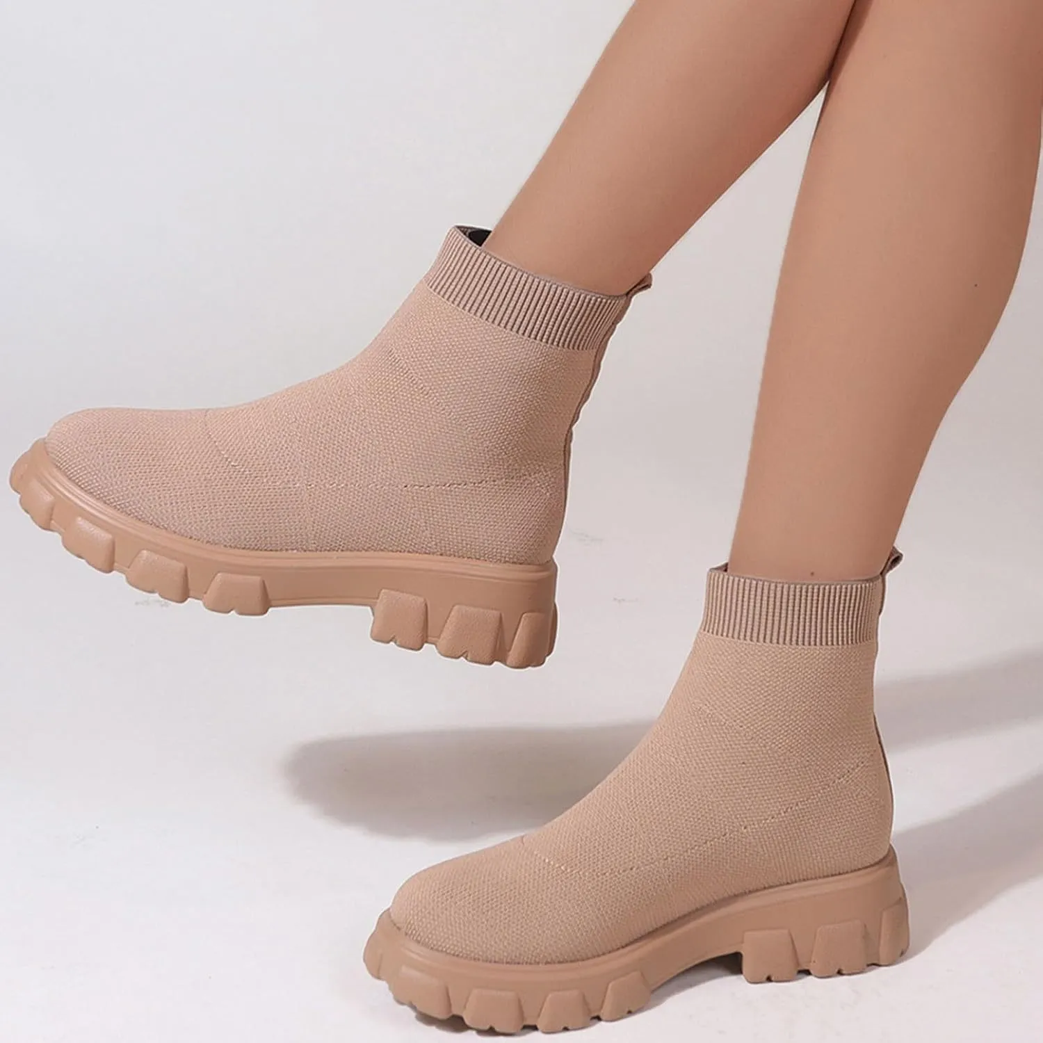Womens Sock Boots Stretch Knit Boots Round Toe Block Heels Platform Chelsea Boots Slip On Lug Sole Fall Fashion Combat Boots