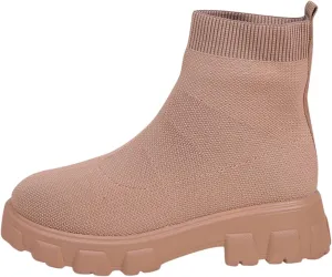 Womens Sock Boots Stretch Knit Boots Round Toe Block Heels Platform Chelsea Boots Slip On Lug Sole Fall Fashion Combat Boots