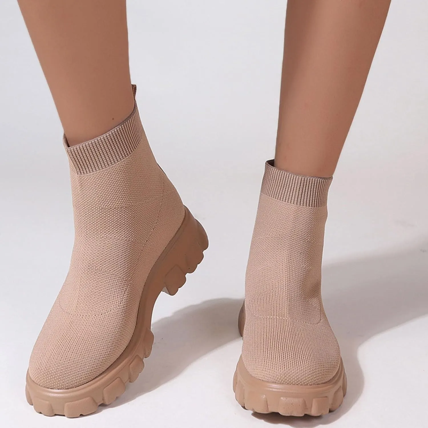 Womens Sock Boots Stretch Knit Boots Round Toe Block Heels Platform Chelsea Boots Slip On Lug Sole Fall Fashion Combat Boots