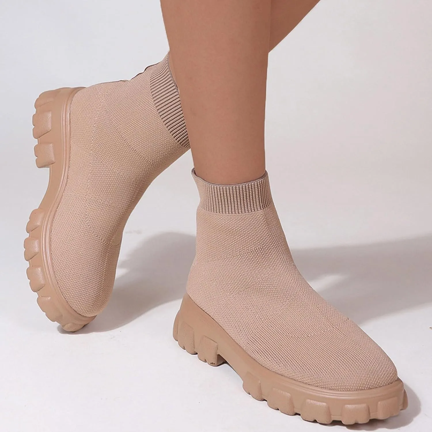Womens Sock Boots Stretch Knit Boots Round Toe Block Heels Platform Chelsea Boots Slip On Lug Sole Fall Fashion Combat Boots