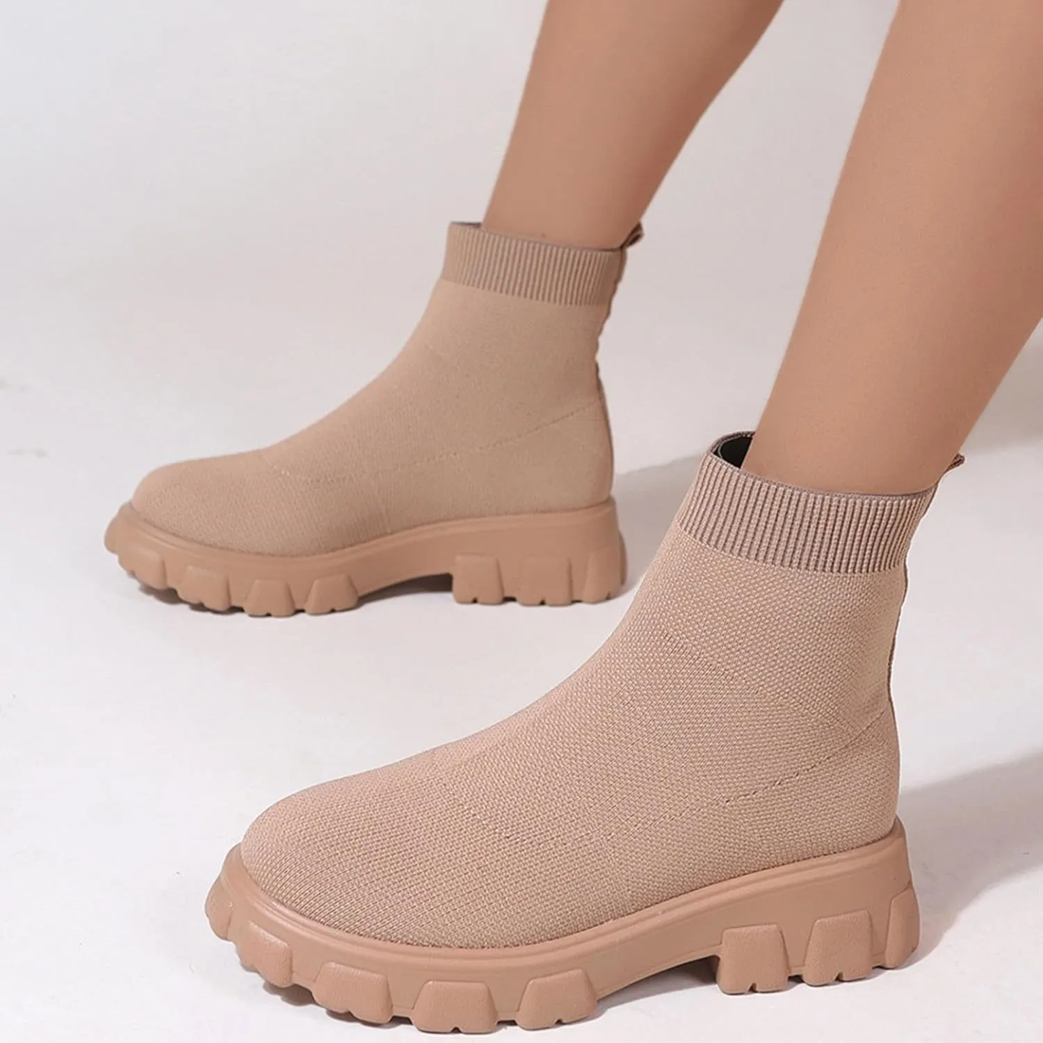 Womens Sock Boots Stretch Knit Boots Round Toe Block Heels Platform Chelsea Boots Slip On Lug Sole Fall Fashion Combat Boots