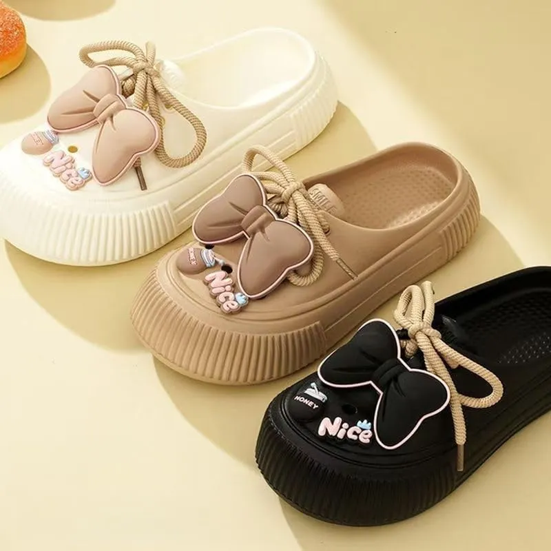 Women's Soft Sole Platform Clogs – Cute DIY Summer Beach Shoes with Bow Knot & Lace-Up Design, Comfortable Garden Mules for Women, Casual Closed-Toe Slippers